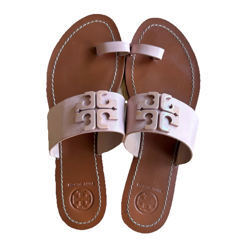 $248 TORY‎ BURCH Lowell Blush Pink Leather Logo Slip-On Sandals Flats SZ 7M GUC